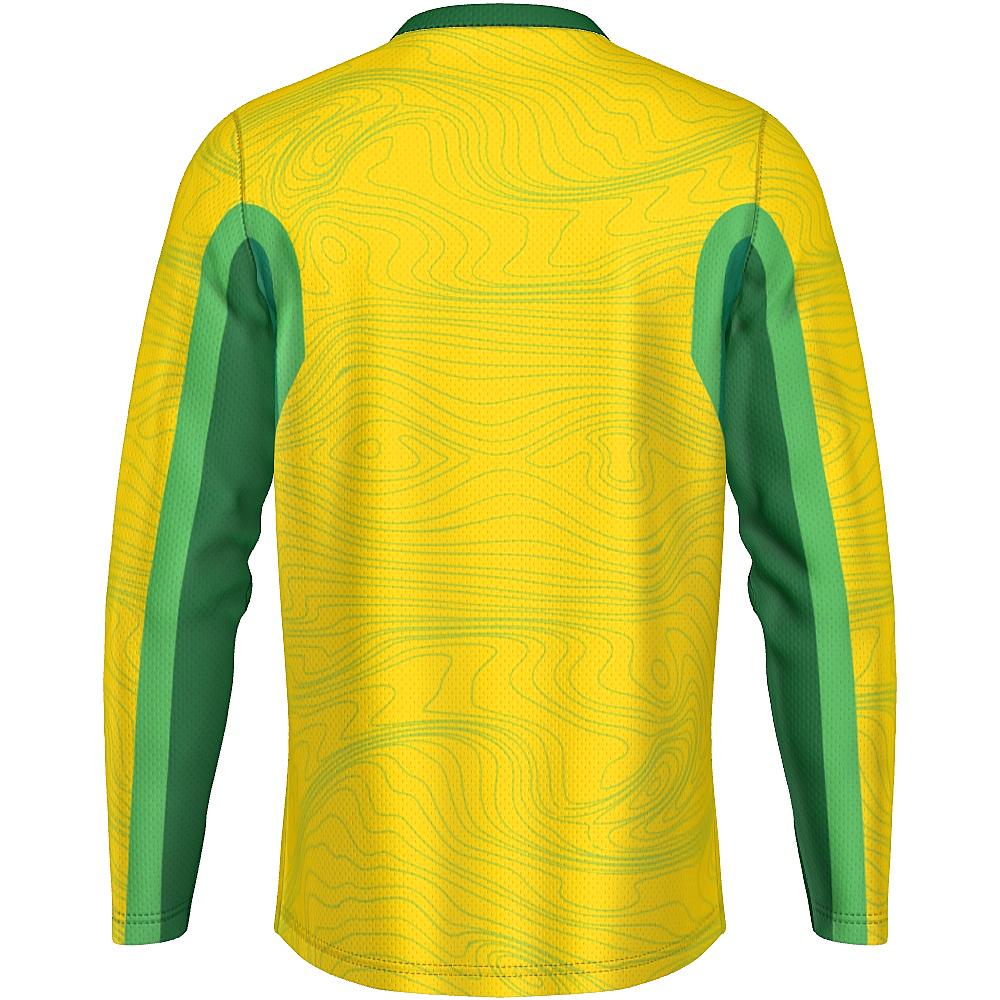Yellow long-sleeve shirt with topography design and green accents on a white background
