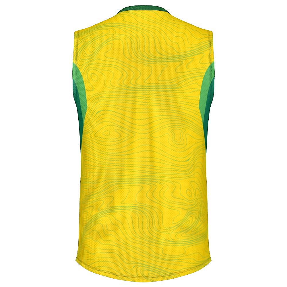 Yellow sleeveless shirt with topography design and green accents on a white background