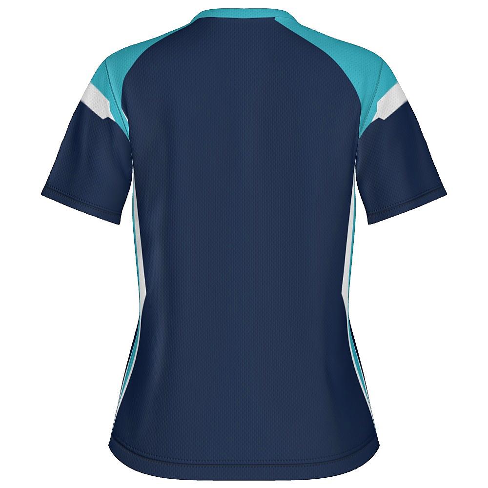 Navy shirt with light blue and white accents on a white background