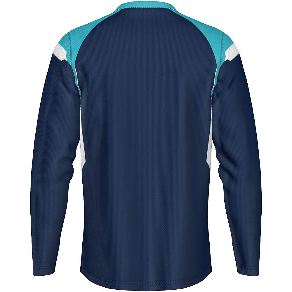 Navy long-sleeve shirt with light blue and white accents on a white background