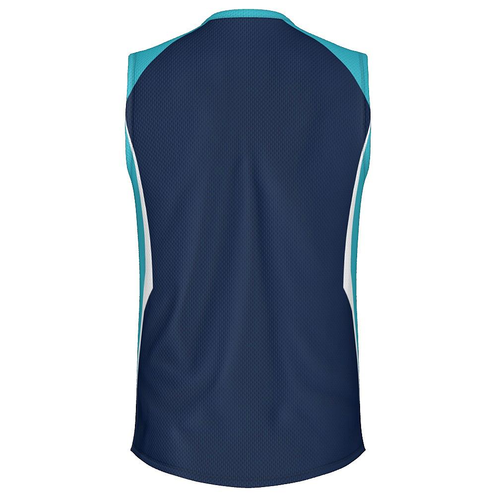 Navy sleeveless shirt with light blue and white accents on a white background
