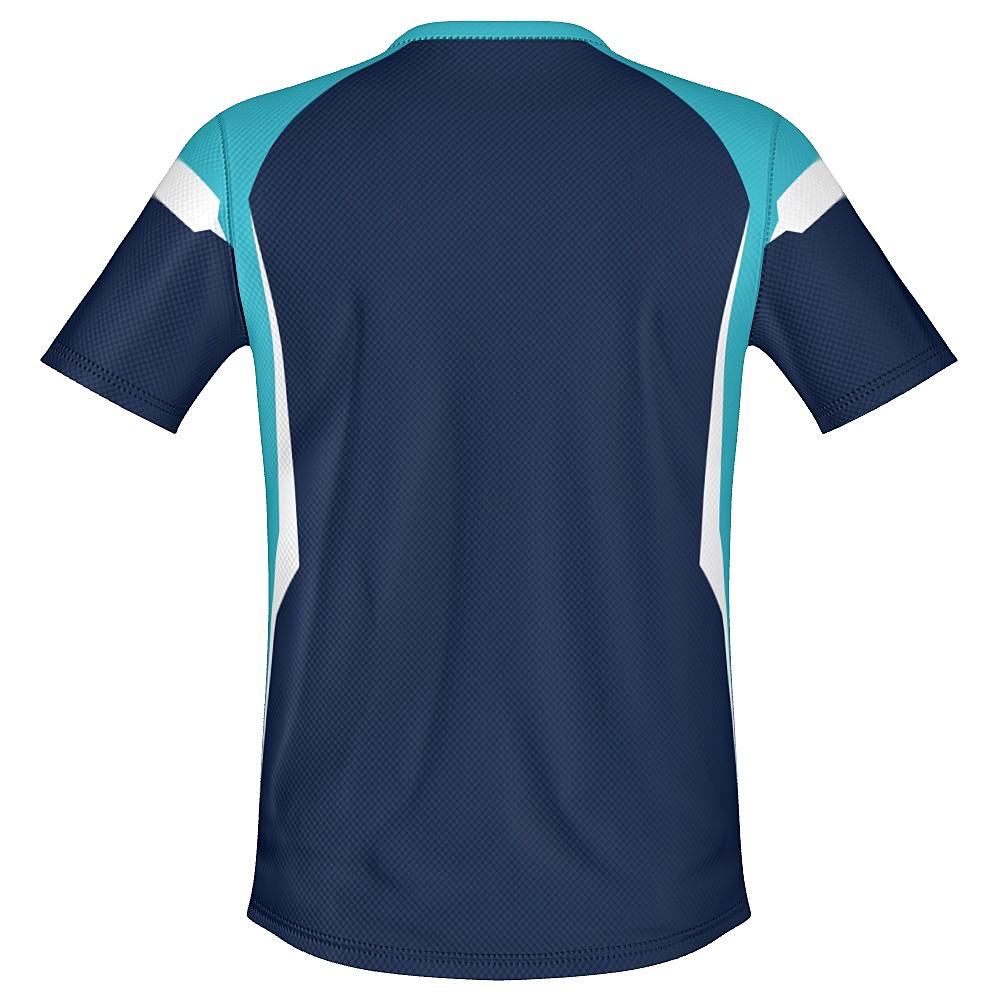Navy shirt with light blue and white accents on a white background