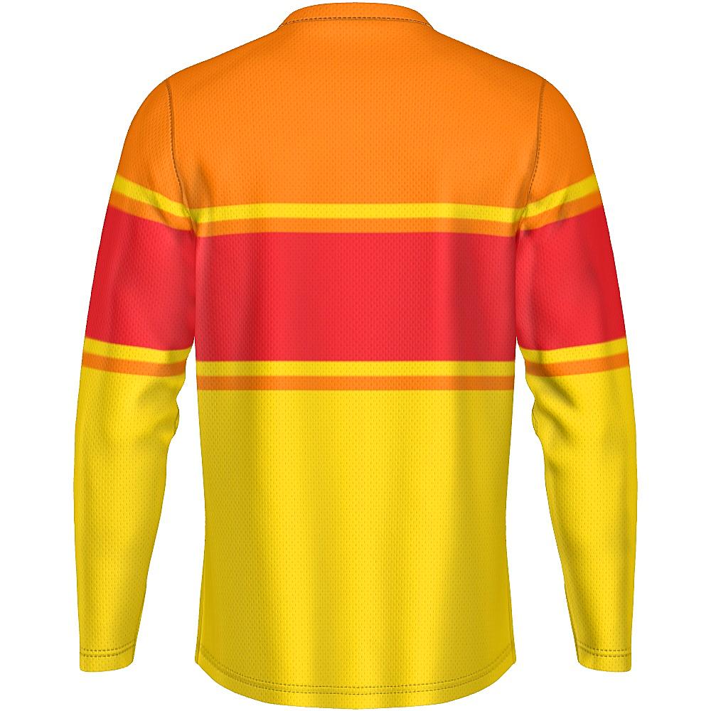 Red, orange and yellow long-sleeve shirt on a white background