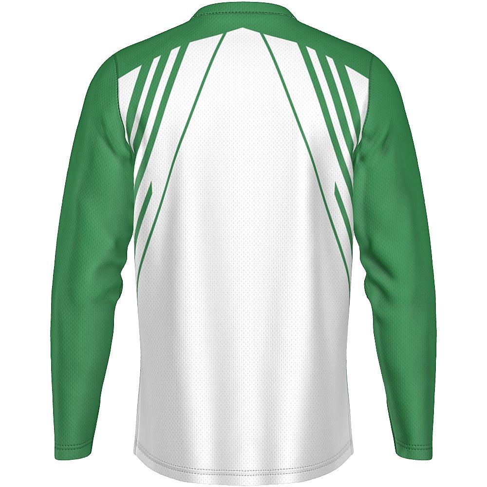 White long-sleeve shirt with green accents on a white background