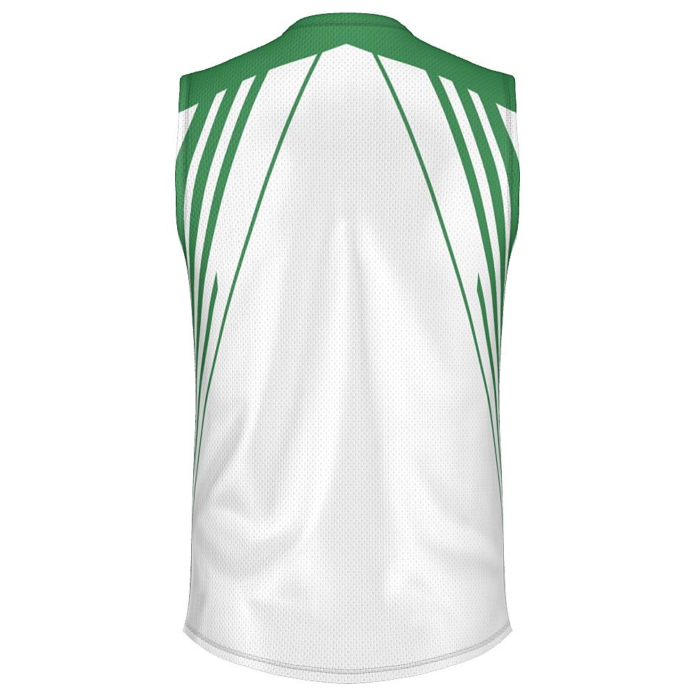 White sleeveless shirt with green accents on a white background