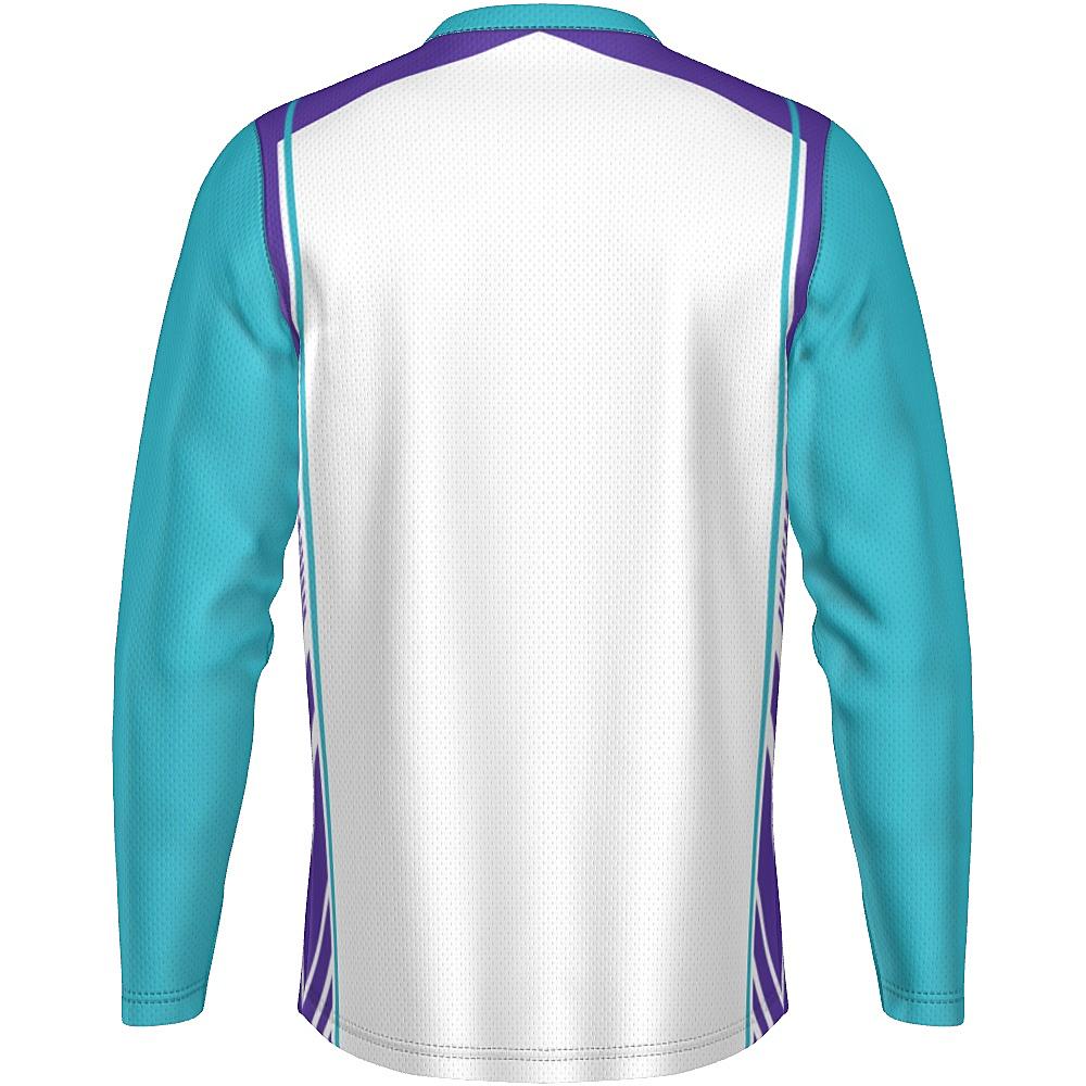 White long-sleeve shirt with teal and purple accents on a white background