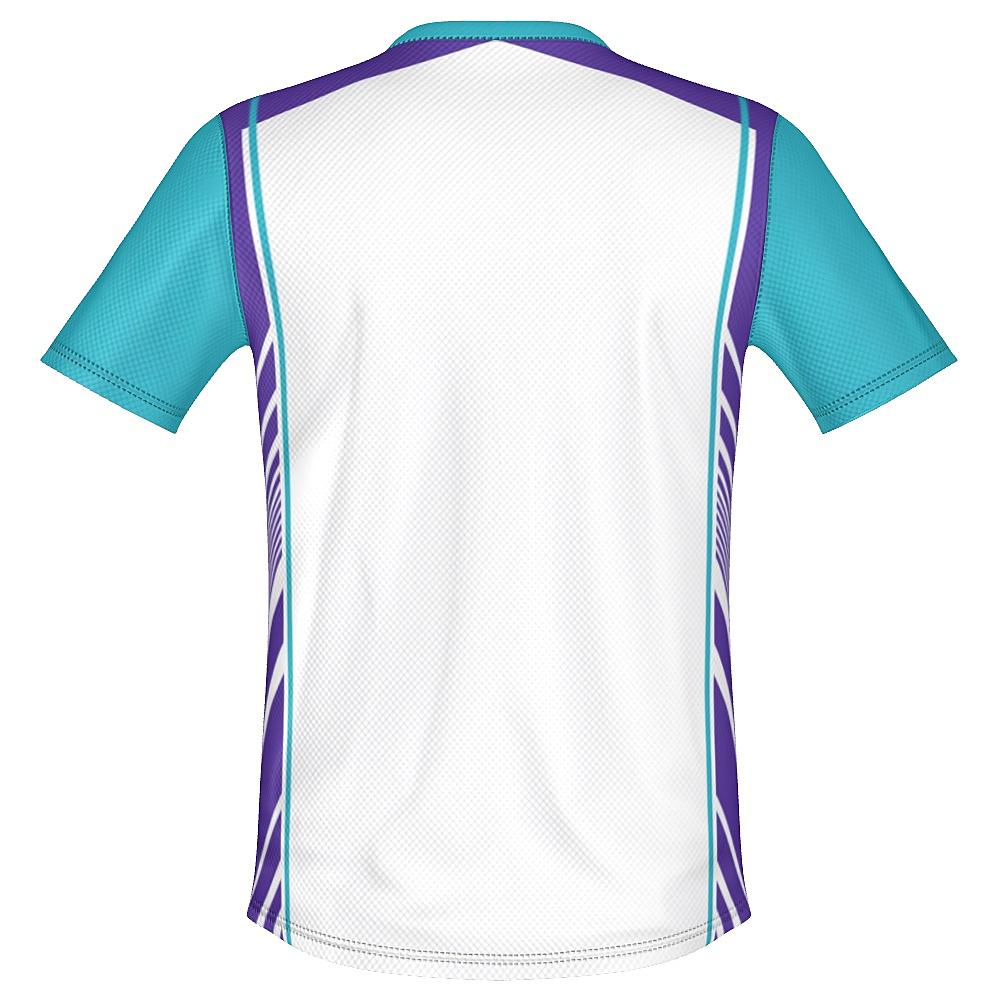 White shirt with teal and purple accents on a white background