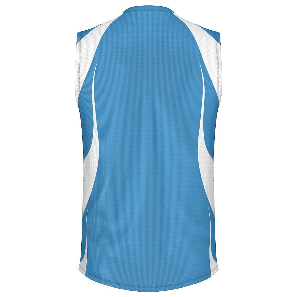 Blue sleeveless shirt with white accents on a white background