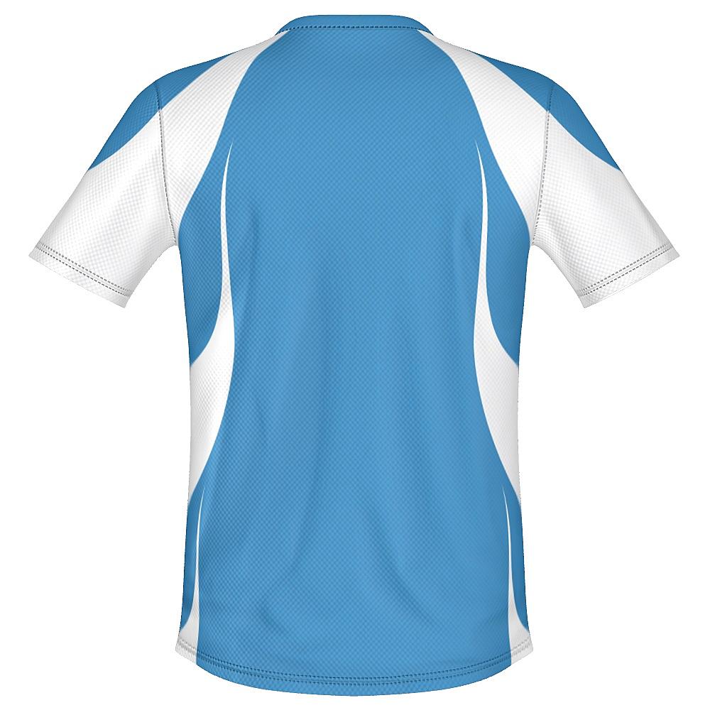 Blue shirt with white accents on a white background