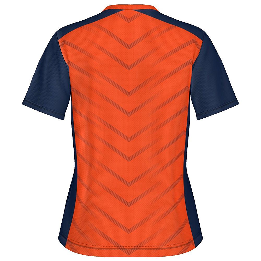 Orange shirt with navy accents and chevron design on a white background