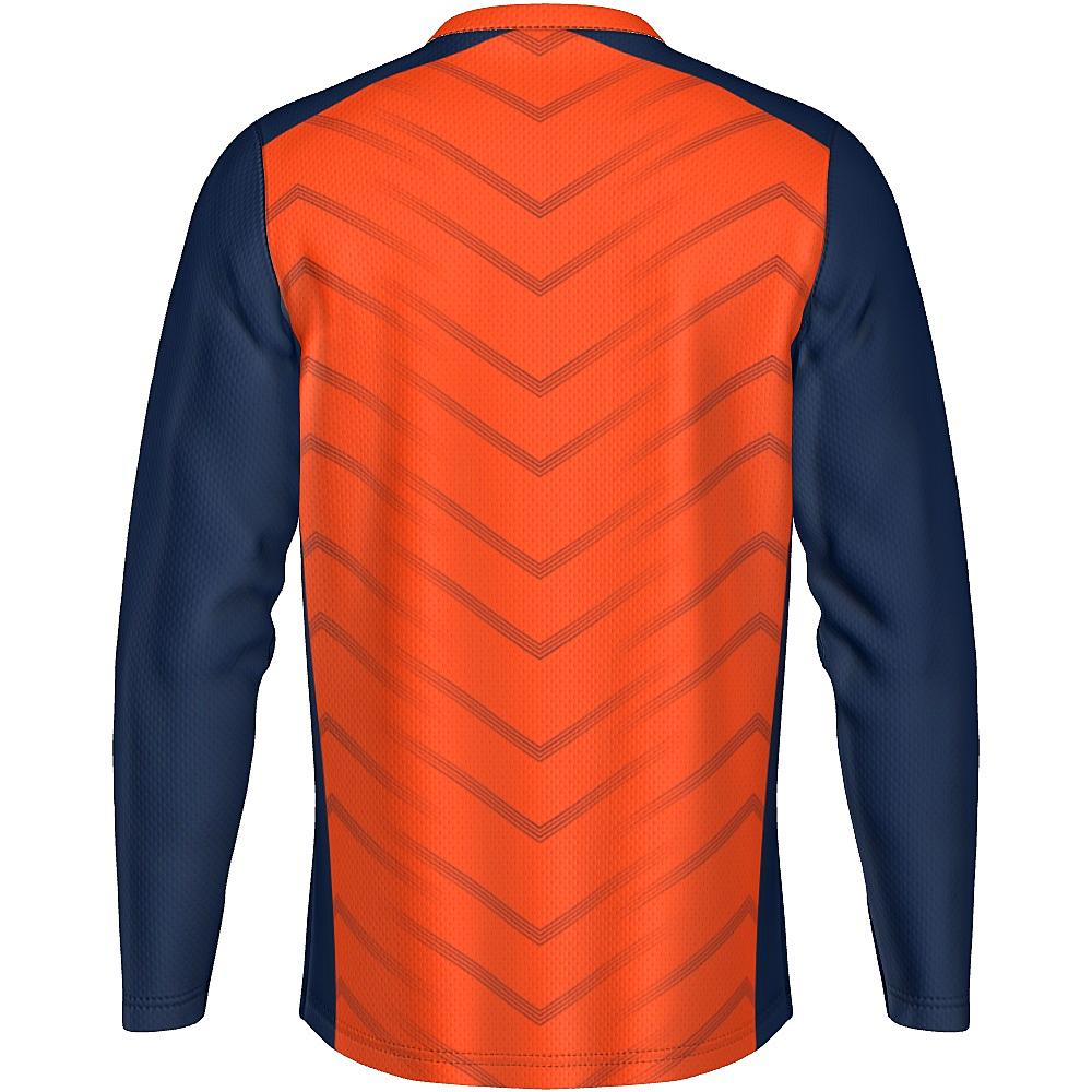 Orange long-sleeve shirt with navy accents and chevron design on a white background
