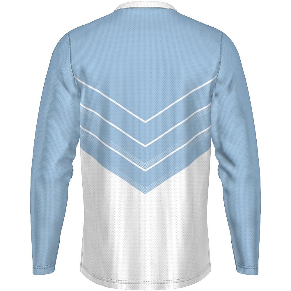 Blue and white long-sleeve shirt with chevron design on a white background