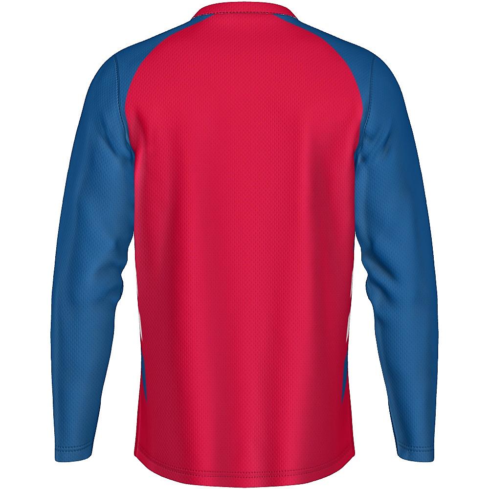 Red long-sleeve shirt with blue and white accents on a white background