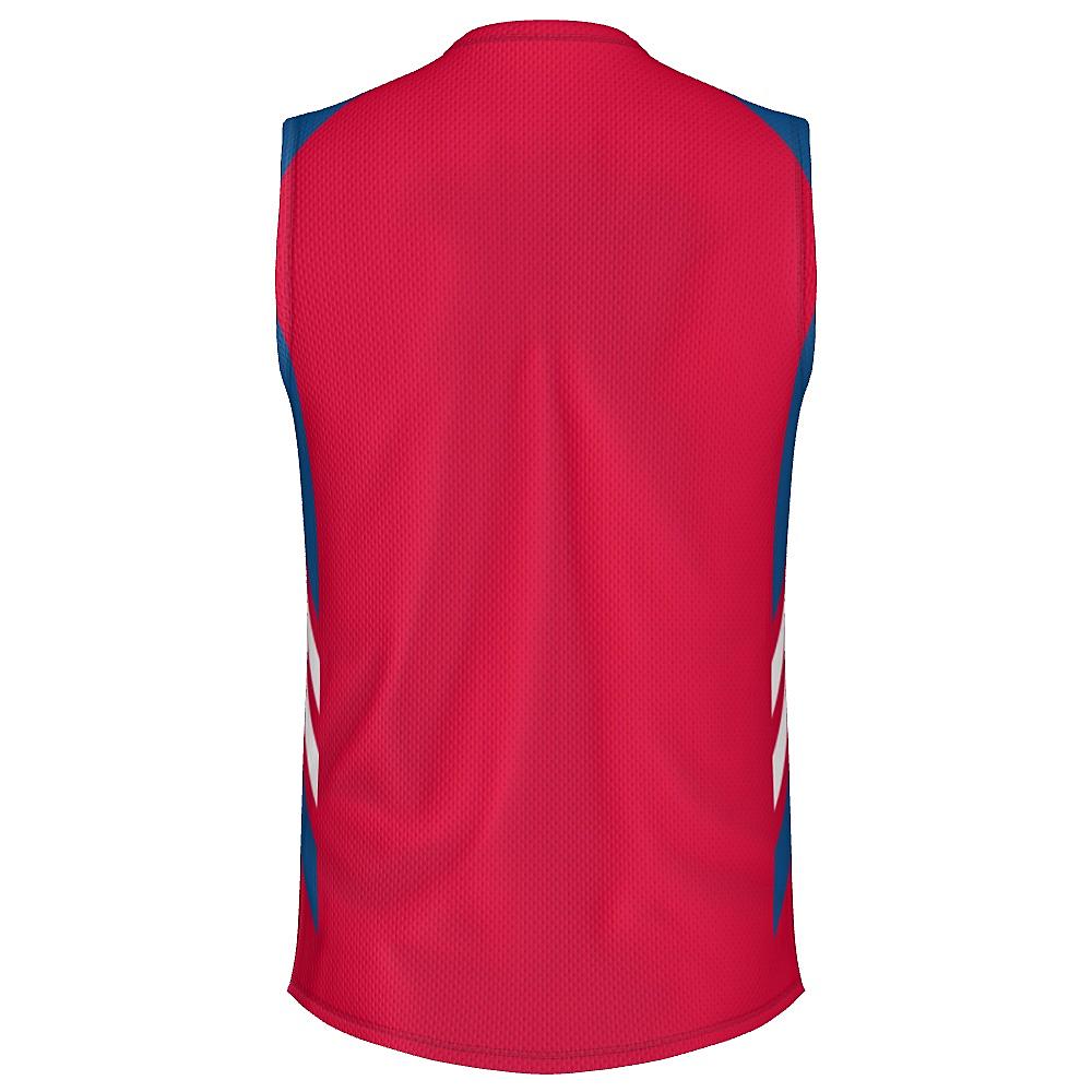 Red sleeveless shirt with blue and white accents on a white background