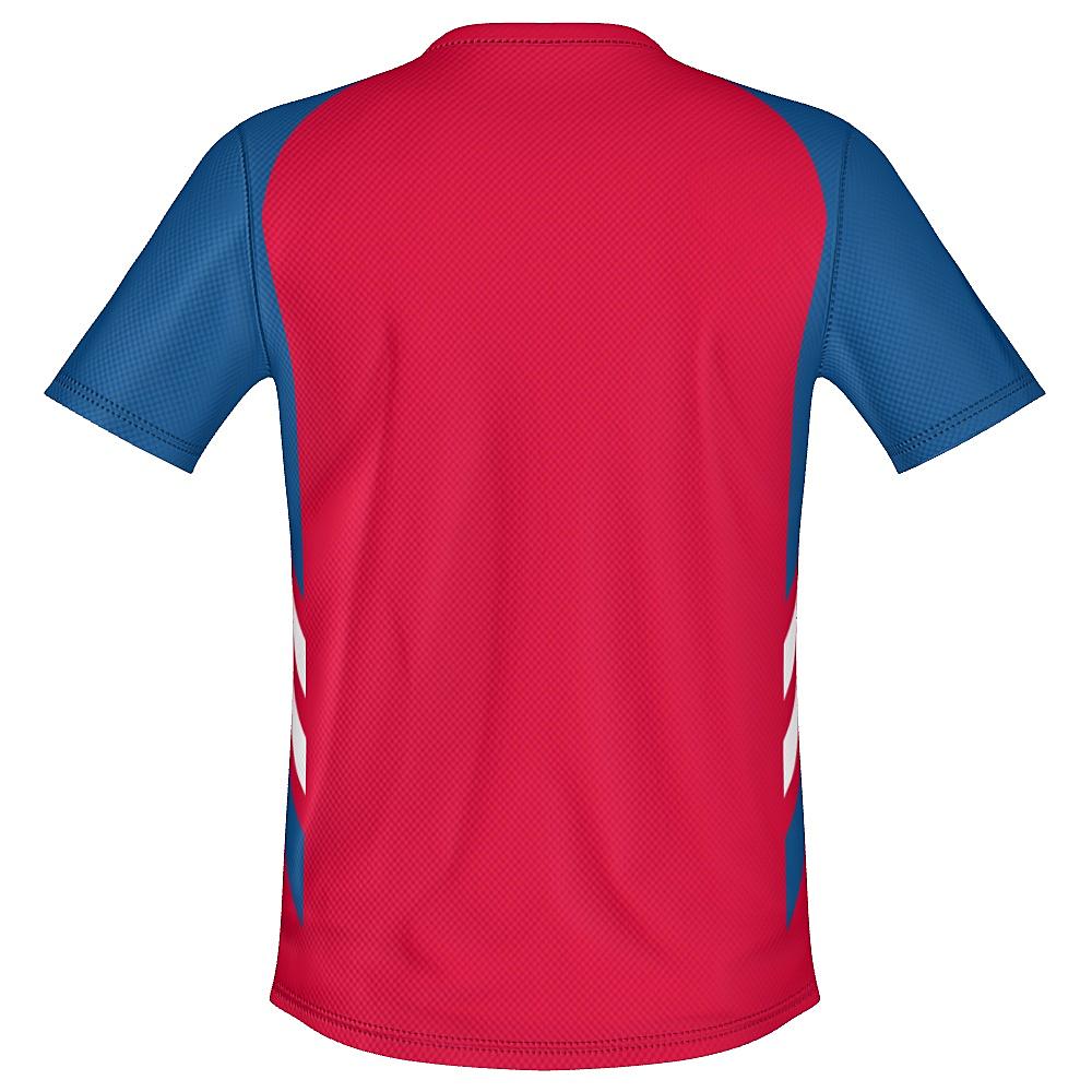 Red shirt with blue and white accents on a white background
