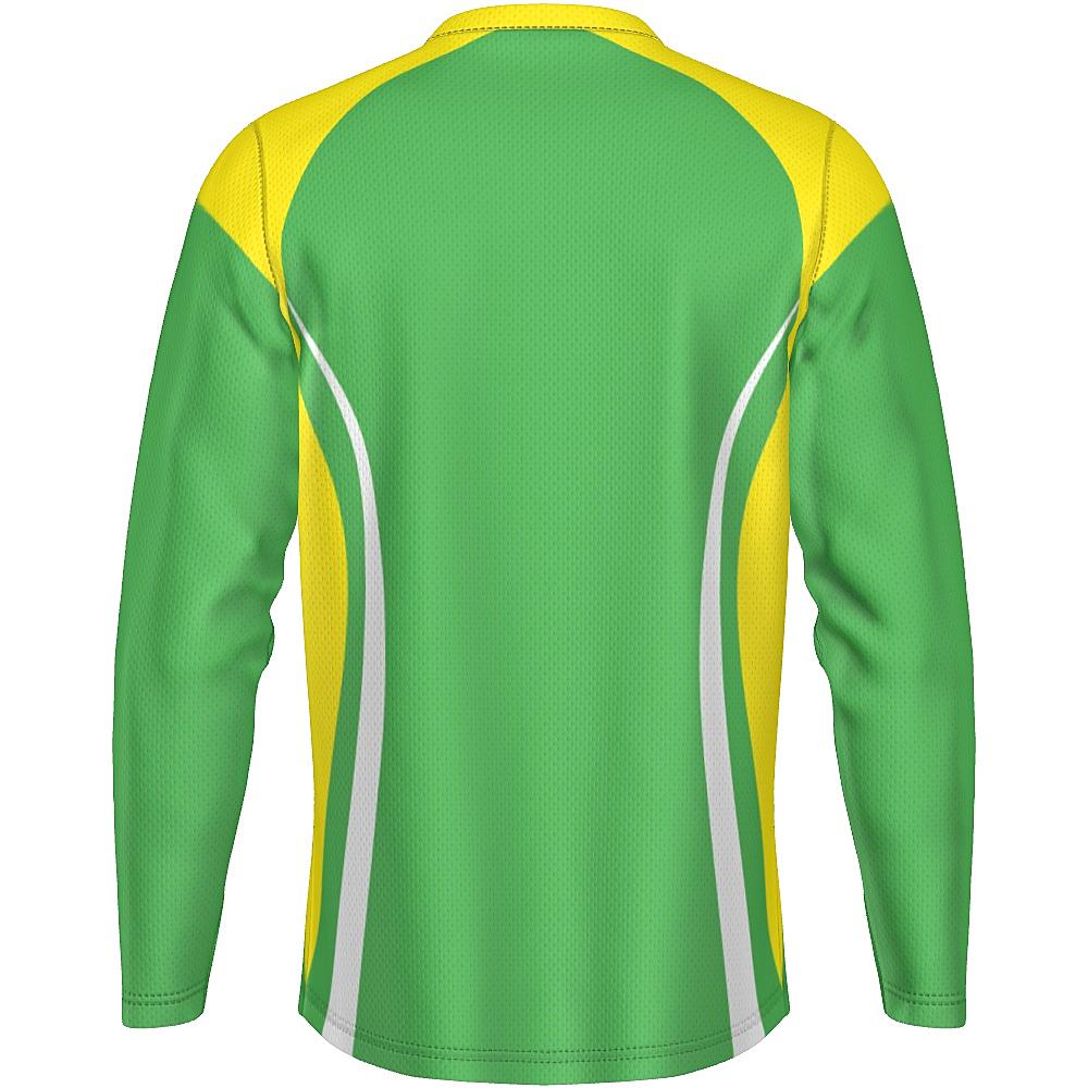 Green long-sleeve shirt with yellow and white accents on a white background