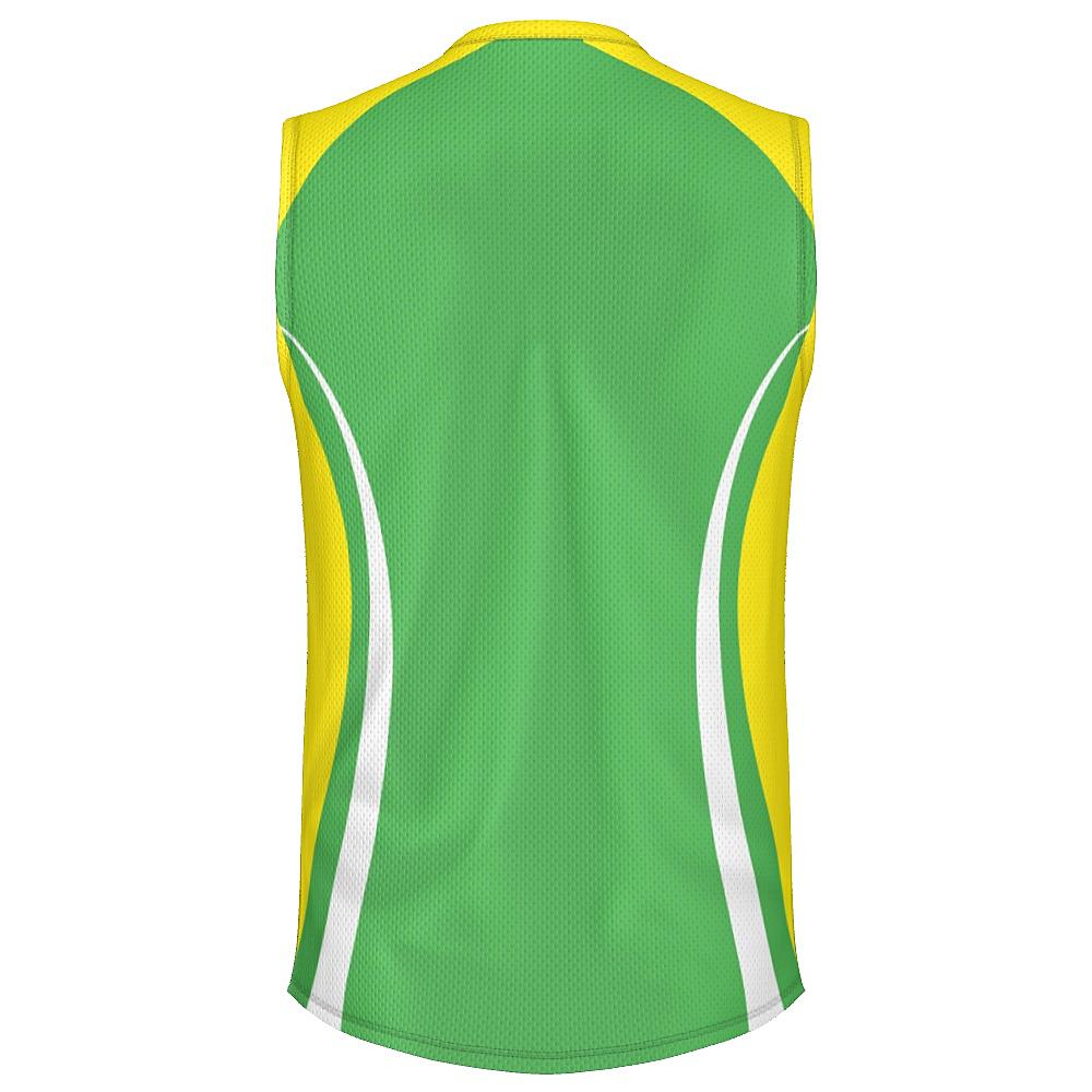 Green sleeveless shirt with yellow and white accents on a white background