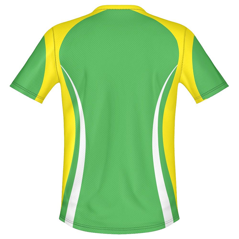 Green shirt with yellow and white accents on a white background