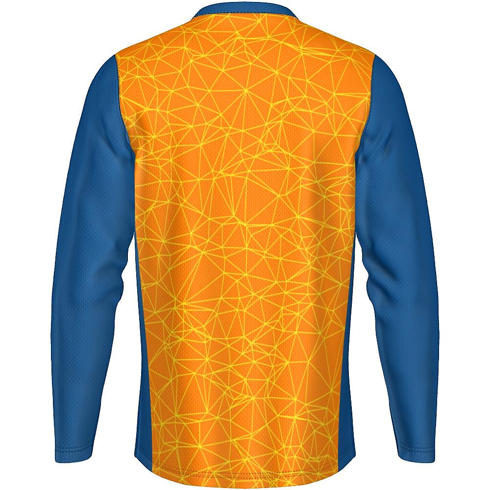 Orange long-sleeve shirt with yellow geometric design and blue accents on a white background