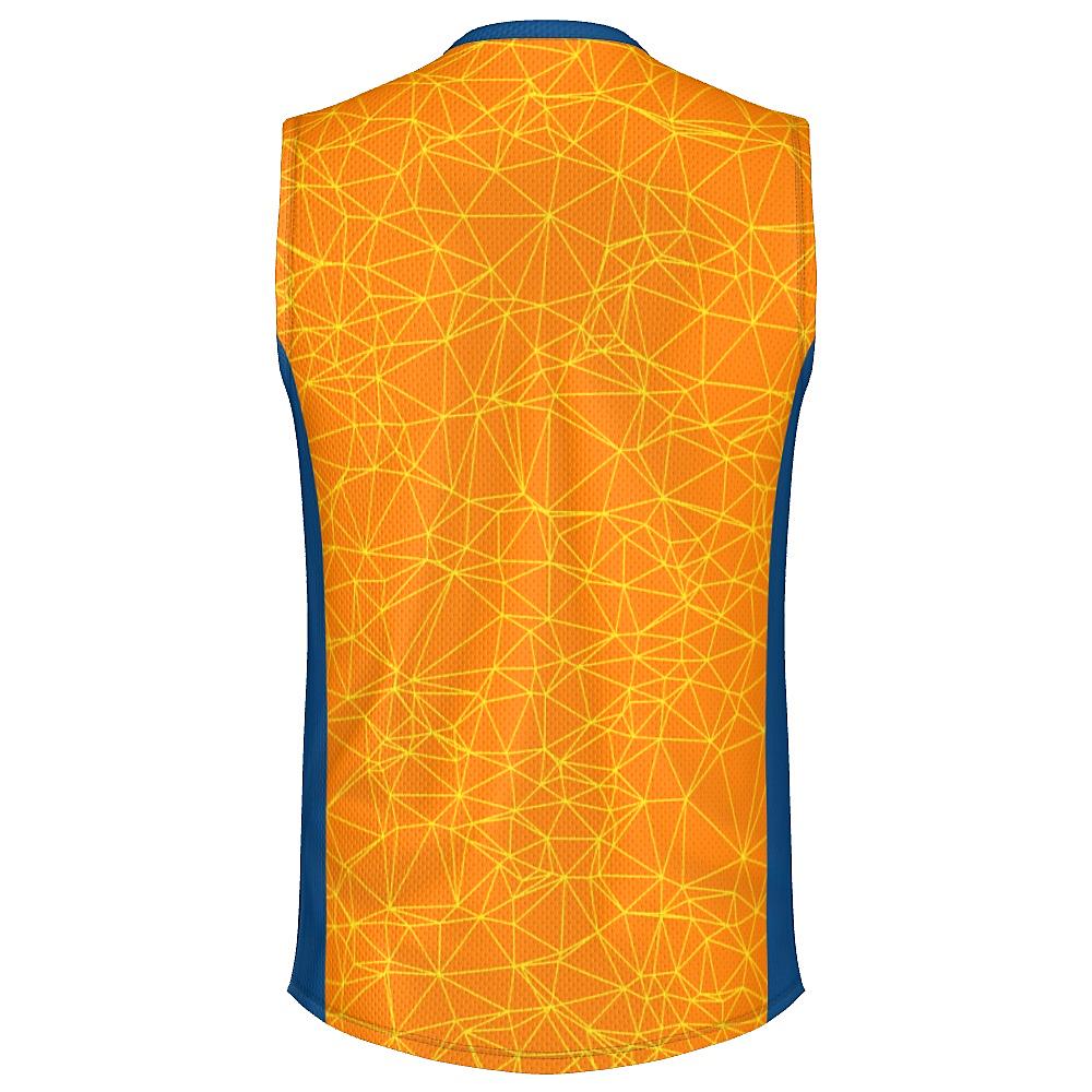 Orange sleeveless shirt with yellow geometric design and blue accents on a white background