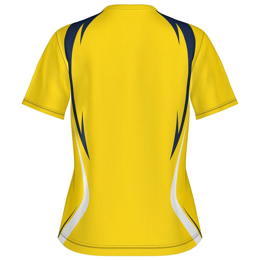 Yellow shirt with navy and white accents on a white background