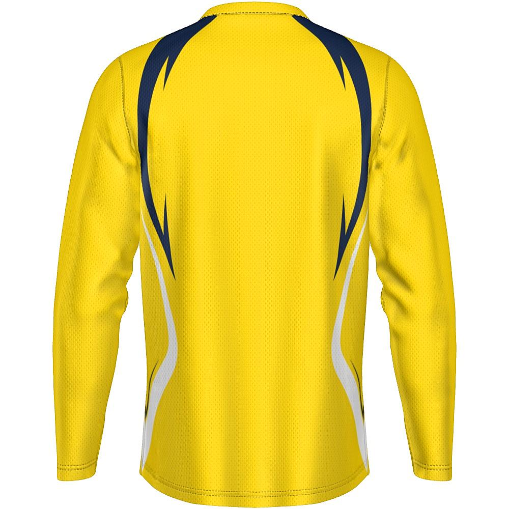 Yellow long-sleeve shirt with navy and white accents on a white background