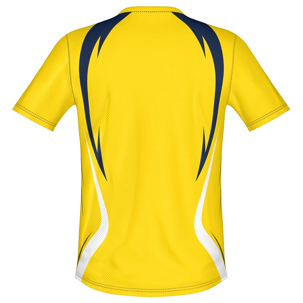 Yellow shirt with navy and white accents on a white background