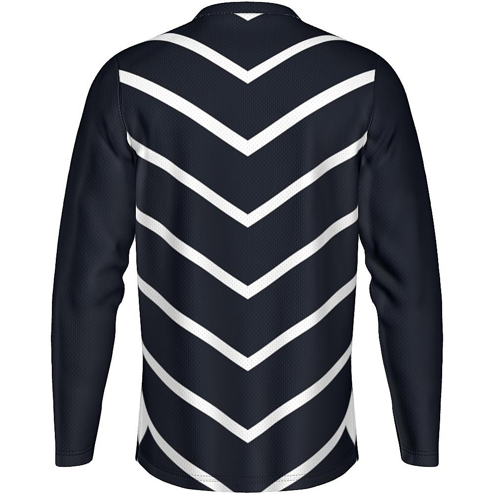 Black long-sleeve shirt with white chevrons on a white background