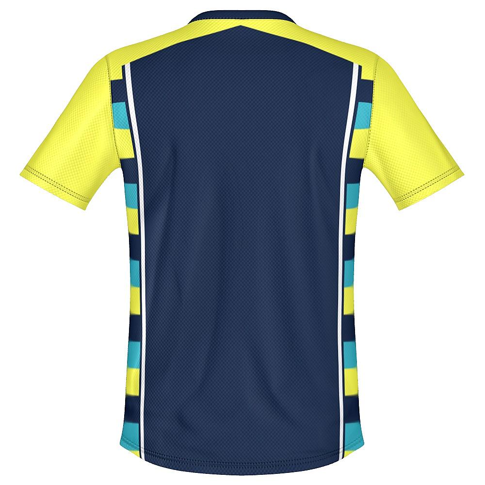 Navy shirt with yellow sleeves and striped side panels on a white background