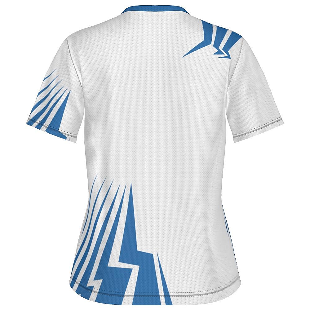 White shirt with blue bolt-shaped accents on a white background