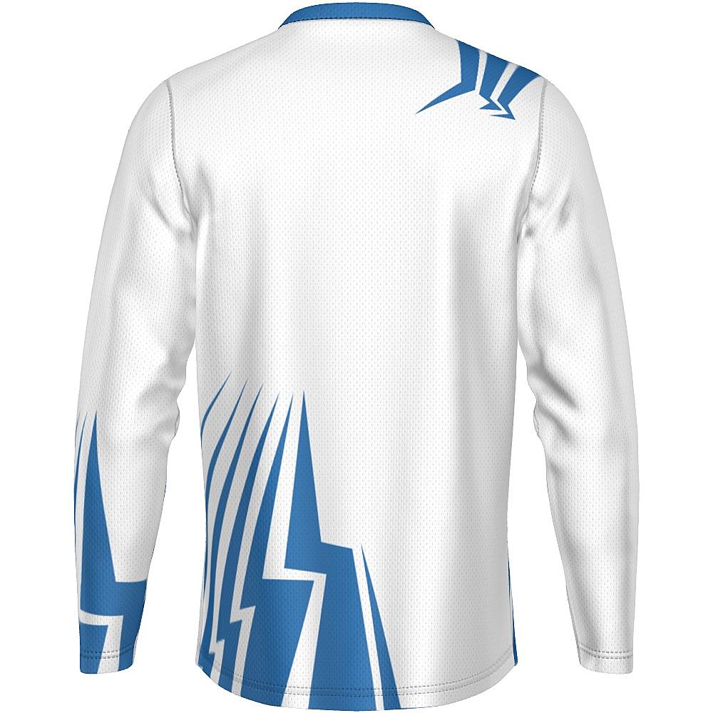 White long-sleeve shirt with blue bolt-shaped accents on a white background