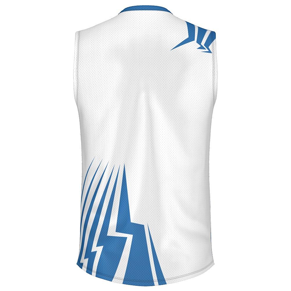 White sleeveless shirt with blue bolt-shaped accents on a white background