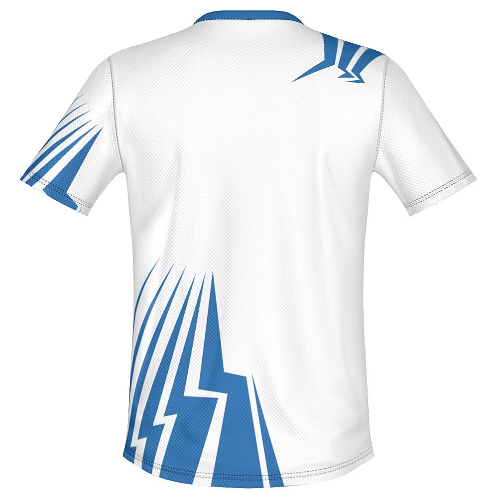White shirt with blue bolt-shaped accents on a white background