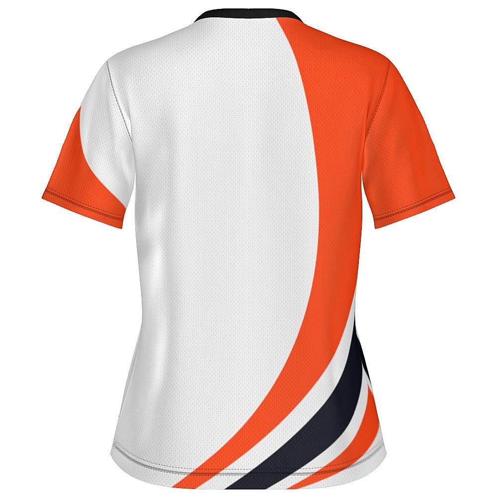 White shirt with black and orange curved stripes on a white background