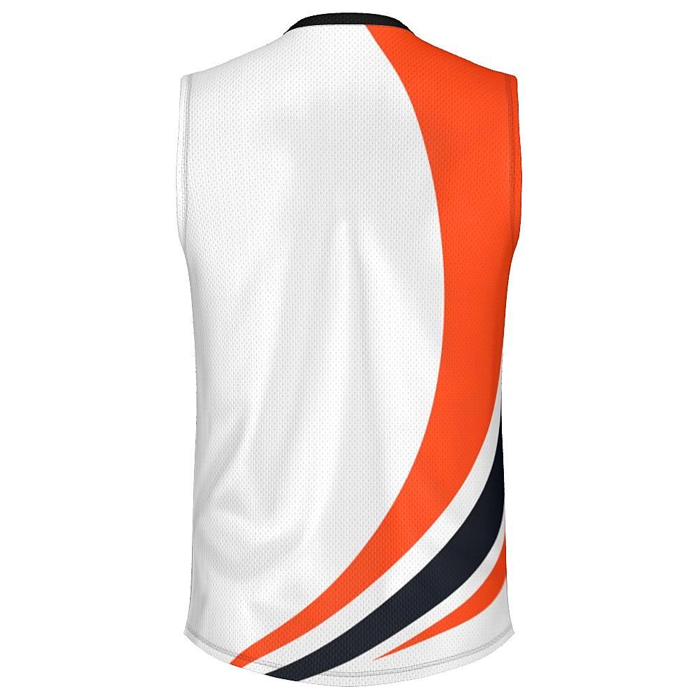 White sleeveless shirt with black and orange curved stripes on a white background