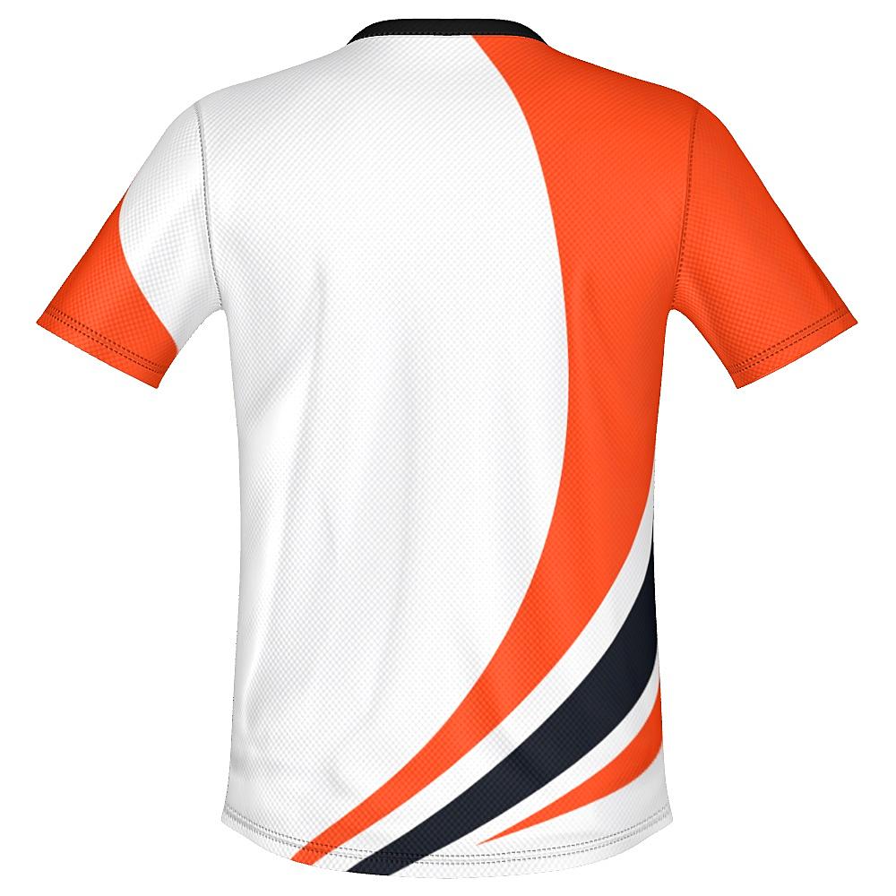 White shirt with black and orange curved stripes on a white background