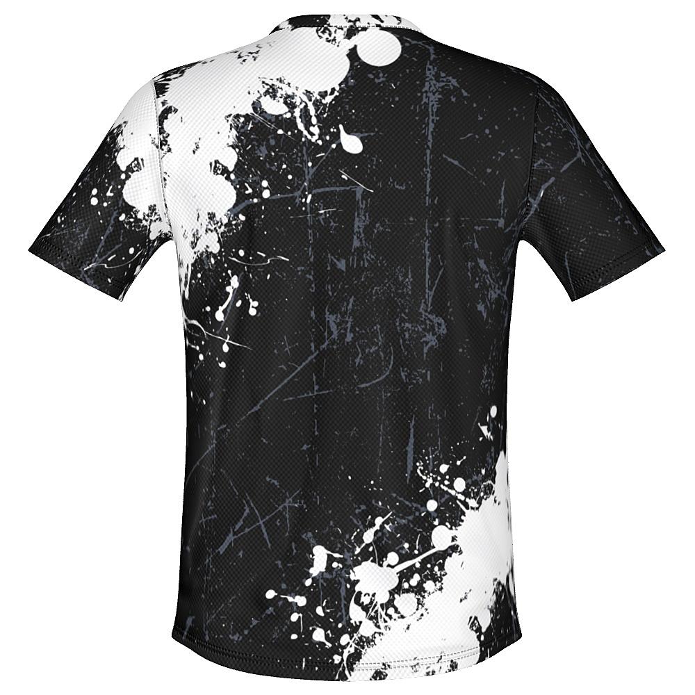 Black shirt with white and grey distressed design on a white background