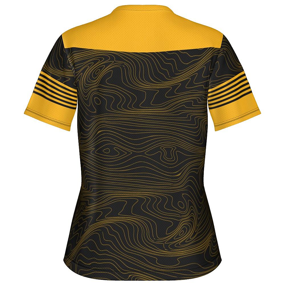 Black shirt with yellow accents and topographic design on a white background