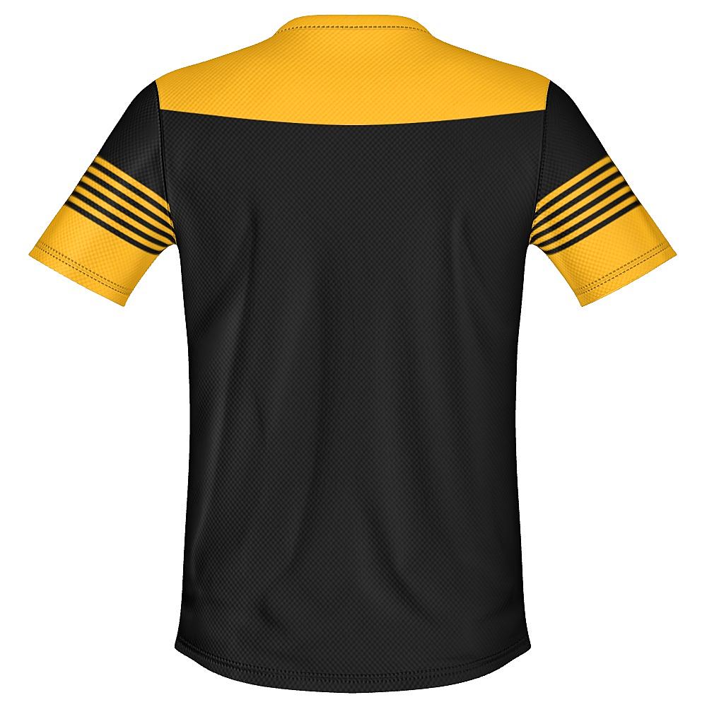 Black shirt with yellow accents on a white background