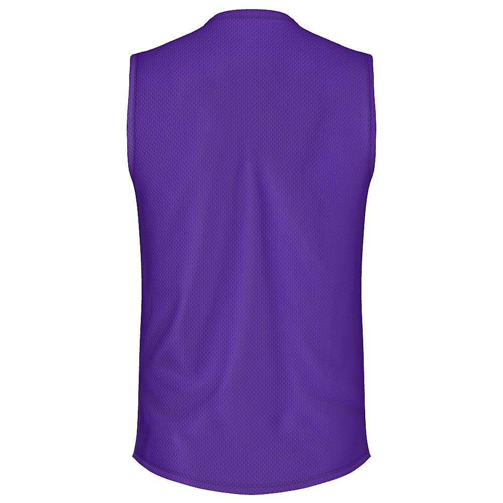 Pink and purple sleeveless shirt with striped design on a white background