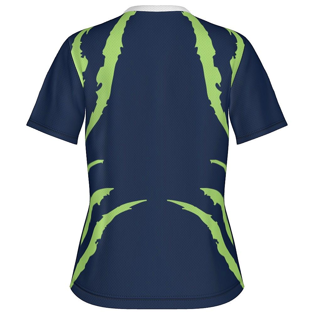 Blue shirt with green accents on a white background