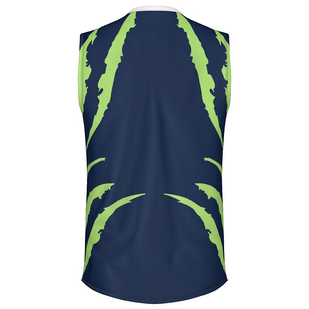 Blue sleeveless shirt with green accents on a white background