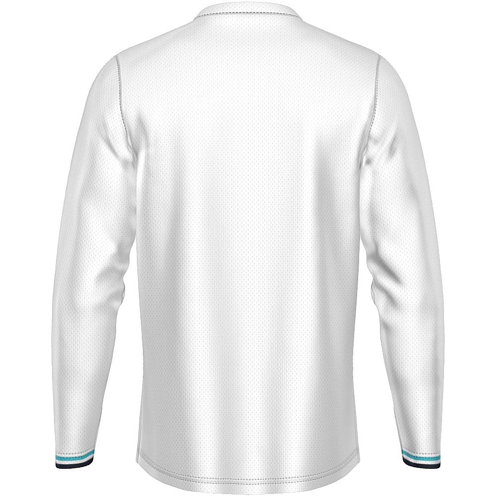 White long-sleeve shirt with blue argyle design on a white background