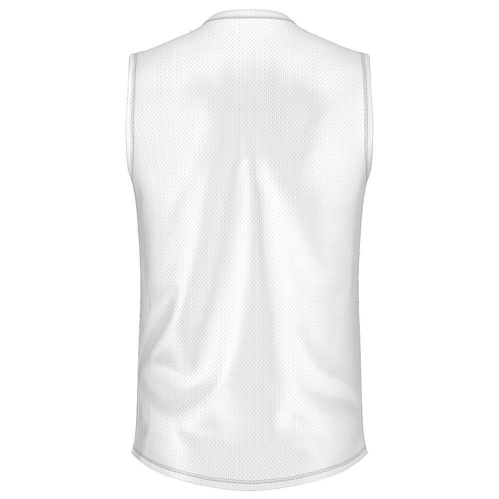 White sleeveless shirt with blue argyle design on a white background