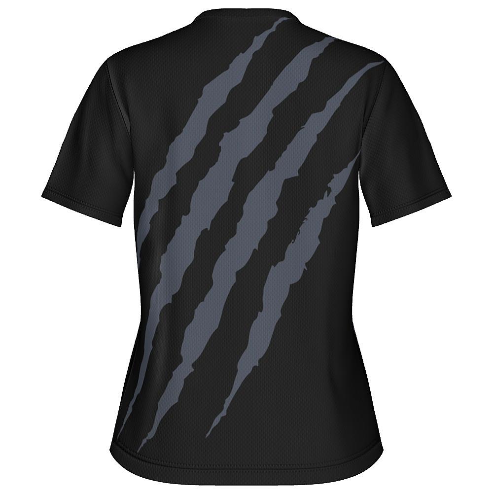 Black shirt with grey claw-mark design on a white background