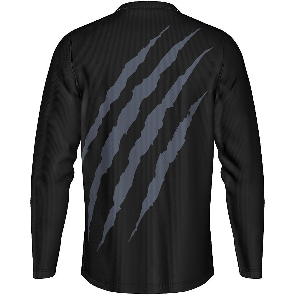 Black long-sleeve shirt with grey claw-mark design on a white background