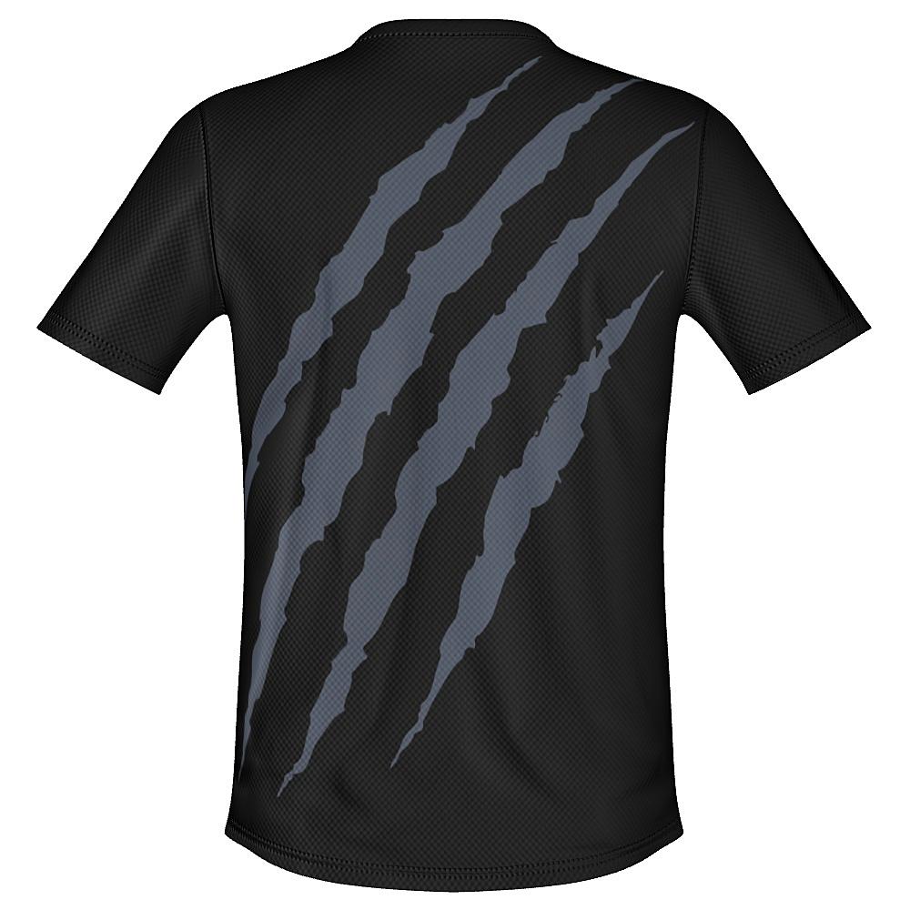 Black shirt with grey claw-mark design on a white background