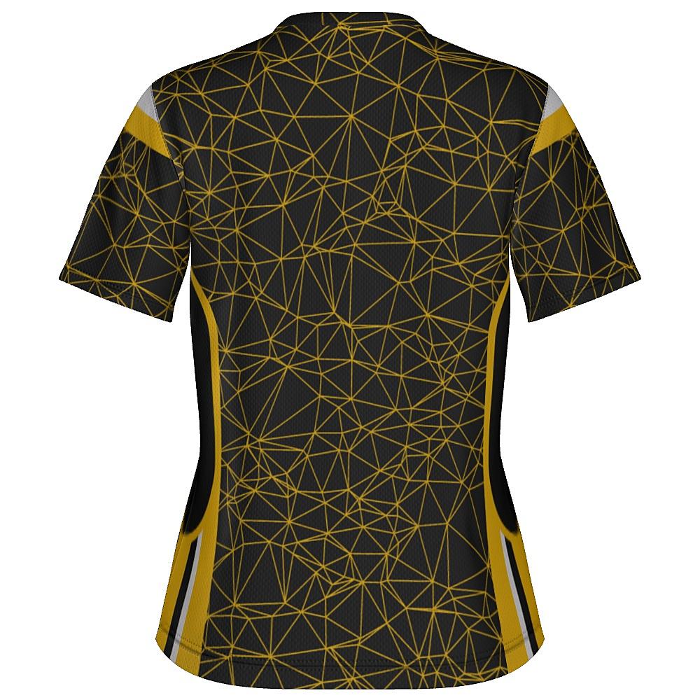 Black shirt with yellow geometric design on a white background