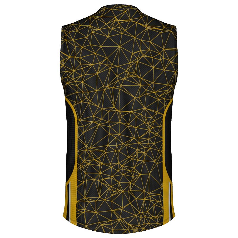 Black sleeveless shirt with yellow geometric design on a white background