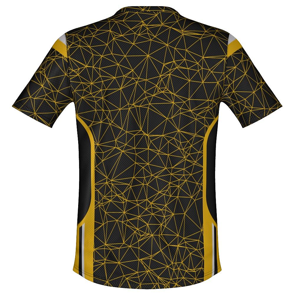 Black shirt with yellow geometric design on a white background